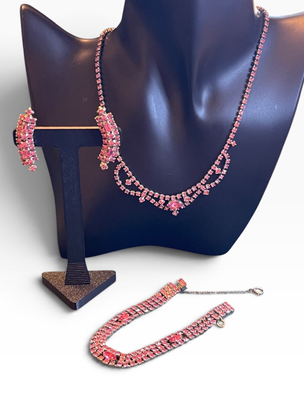1950’s Kramer of NY Pink Rhinestone Parure (Necklace, Bracelet, & Earrings)